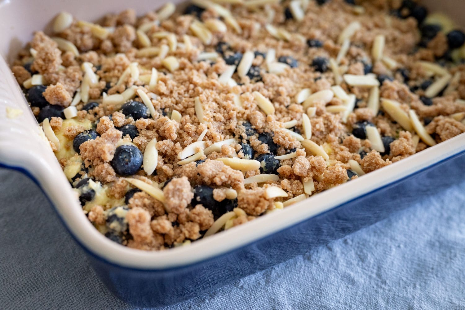 Blueberry crumble cake ready to bake
