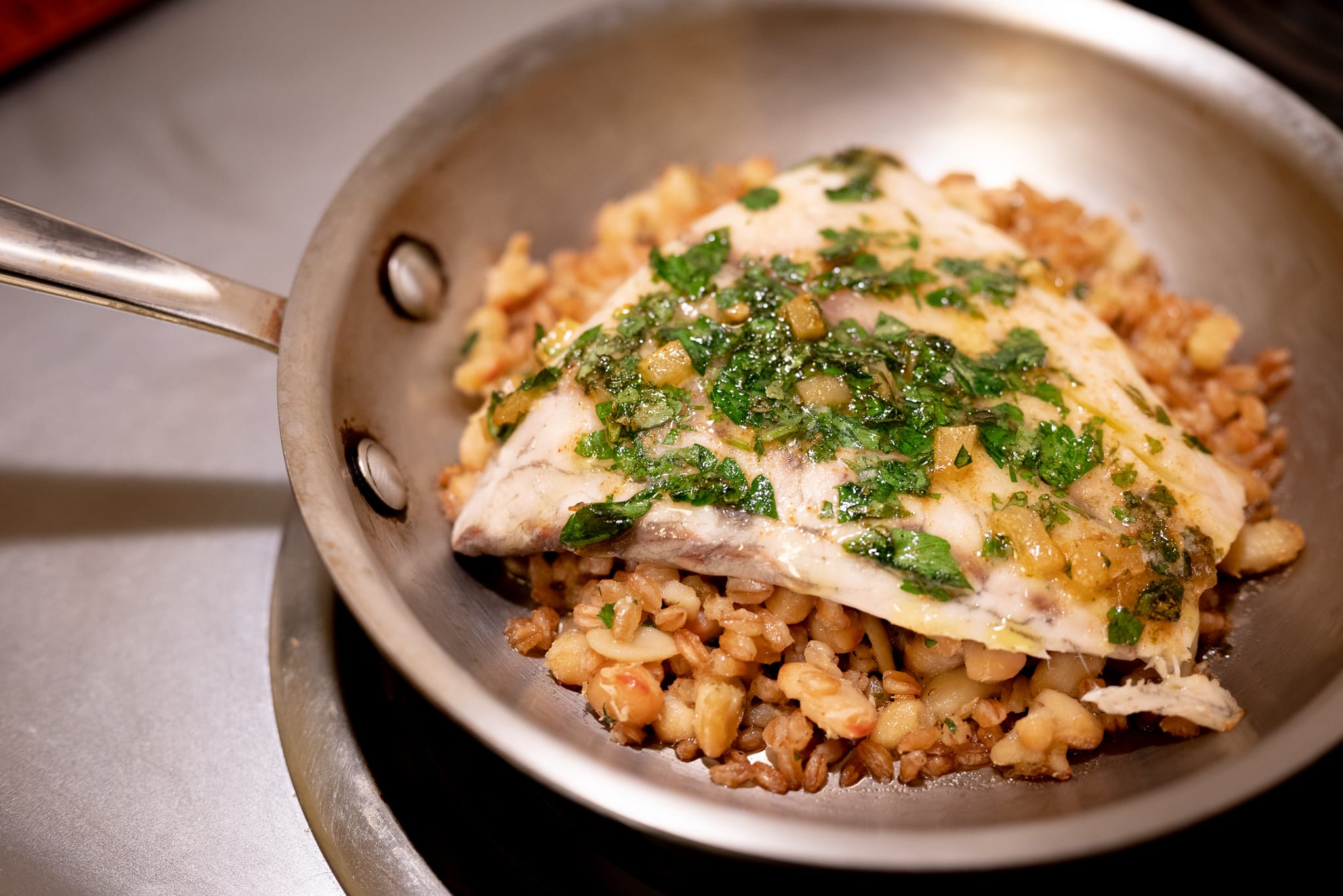 Striped bass with chermoula on a bed of farro and beans