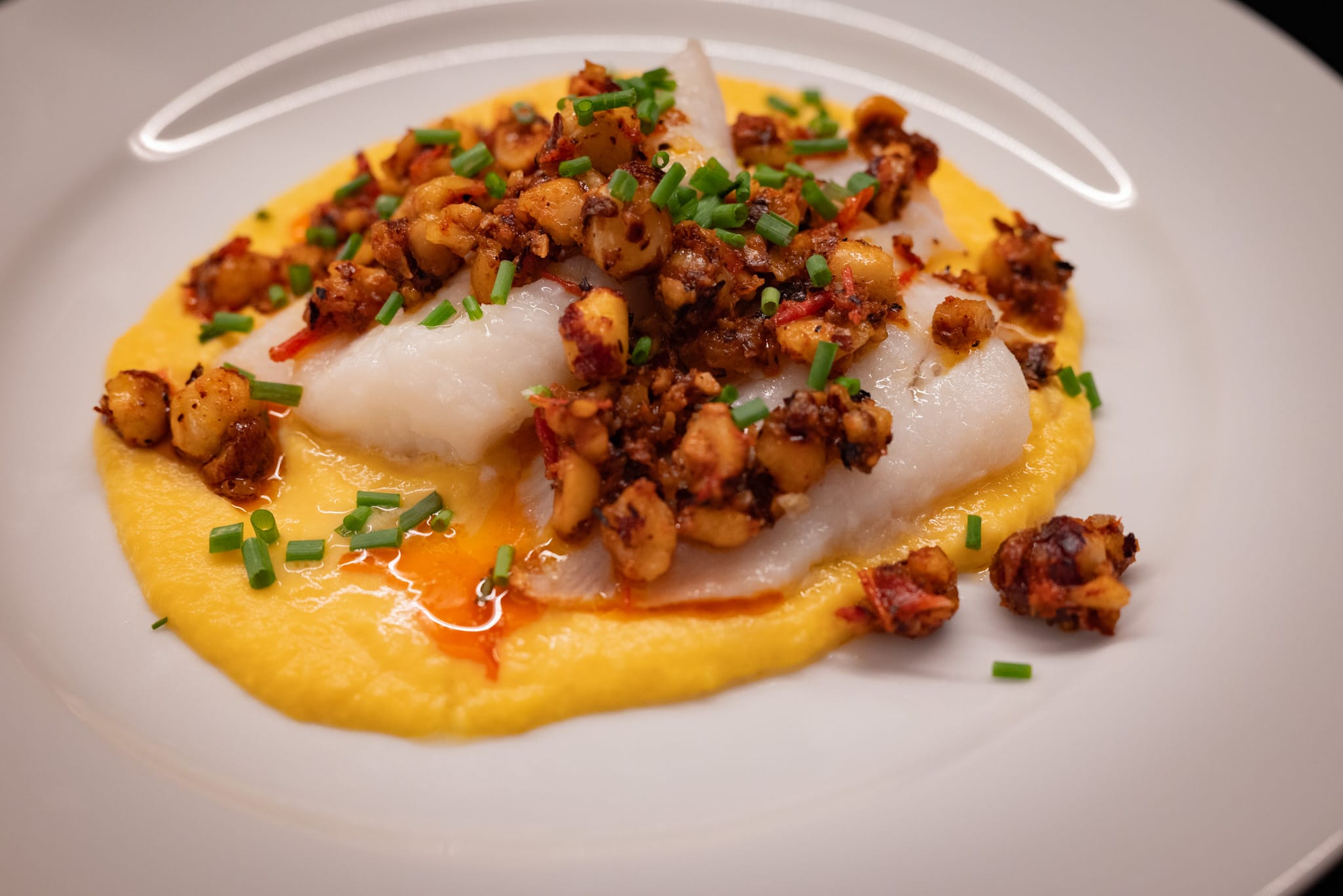 Cod with squash purée and chili-hazelnut crunch