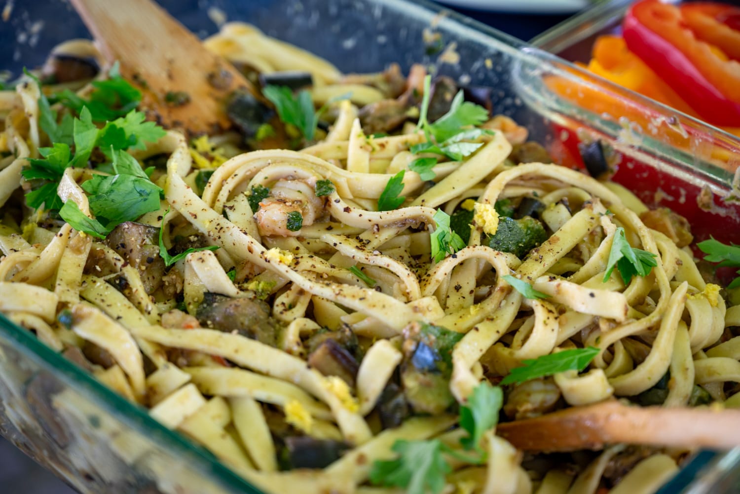 Tagliatelle with shrimp, zucchini, and eggplant