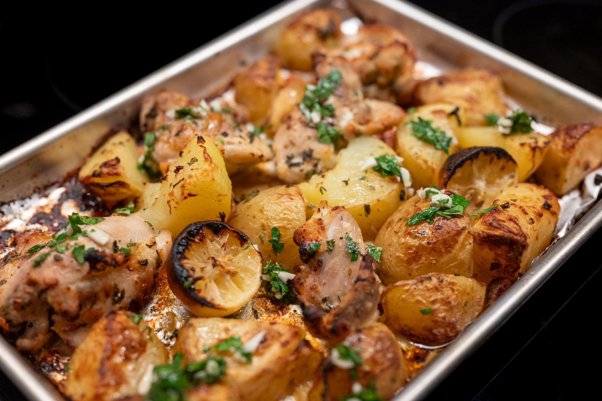 Chicken and roast potato tray bake