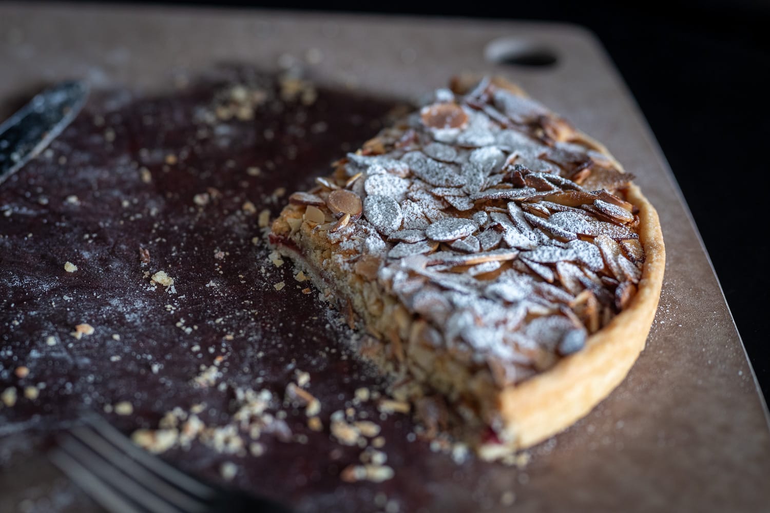 Almond tart on a cutting board