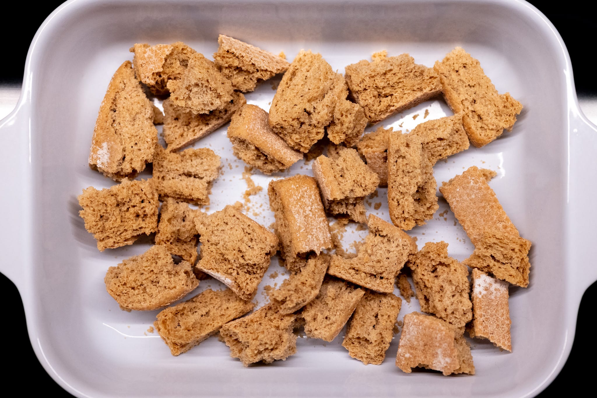 Paximathi in the bottom of a baking dish